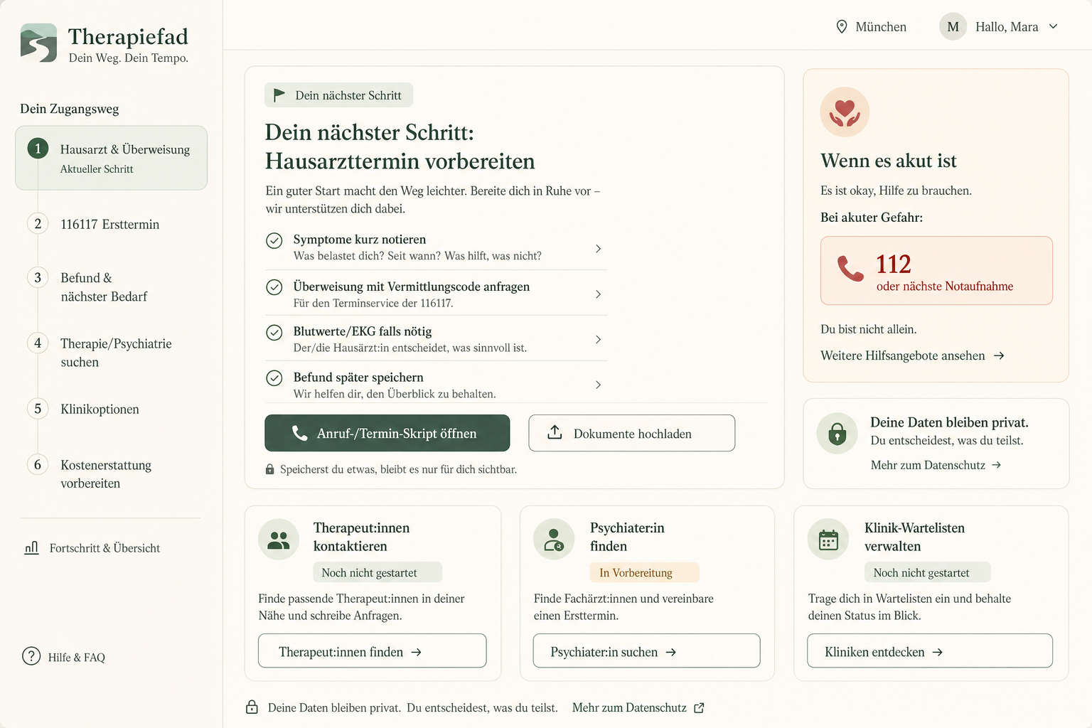 Vorschau der Therapiefad-App: aktueller Schritt, Krisenhilfe und Übersicht über Therapeut:innen, Psychiater:innen und Klinik-Wartelisten.